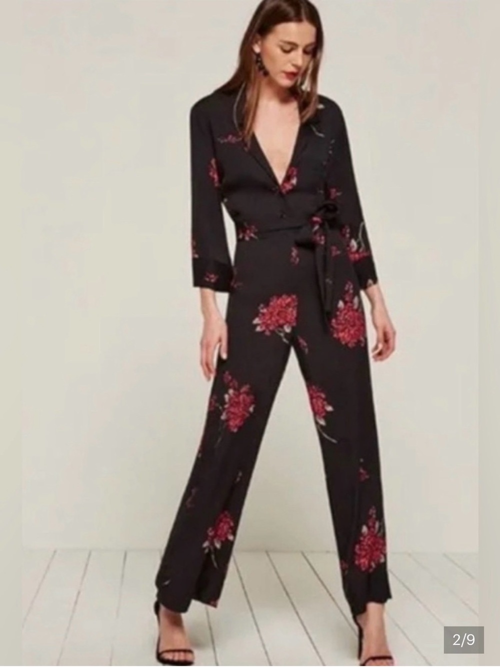 Reformation Shangai  Black Jumpsuit with Red Floral Print 2